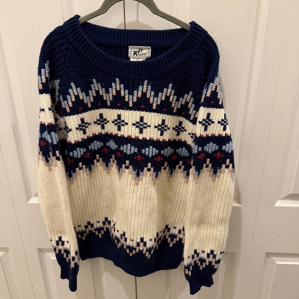 VTG KP COLLECTION FAIR ISLE KNIT SKI SWEATER PULLOVER MENS M ACRYLIC IVORY BLUE